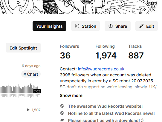 887 tracks is the most we will have ever had at SC before the SoundCloud exodus began. This number will start to shrink. The screenshot is what we see. Almost 1% of our followers are back!